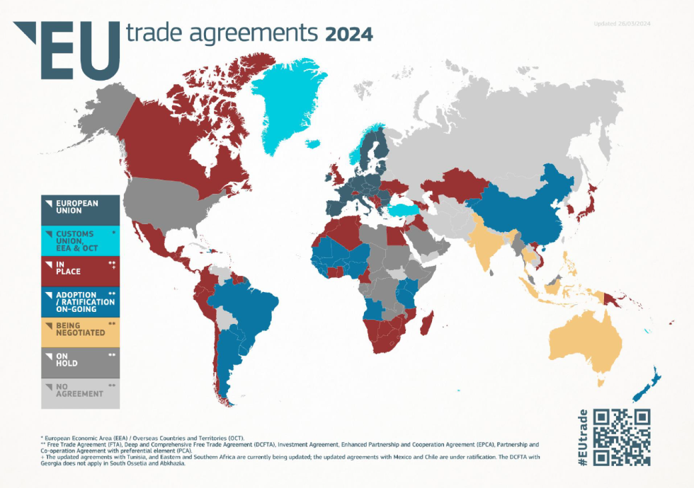 Svetovni zemljevid o trgovinskih sporazumih Evropske unije (2022) (besedilo je v angleškem jeziku)