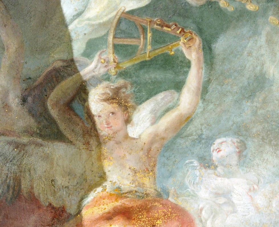 Detail of the restored painting An Allegory of Trade, Crafts and Techniques by the Baroque Painter Andreas Herrlein in Gruber's Palace.
