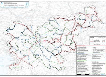 Zemljevid poteka državnih kolesarskih povezav (DKP). Na zemljevidu so označeni: določen potek, pobuda, koridorji DKP, daljinske, glavne in regionalne povezave.