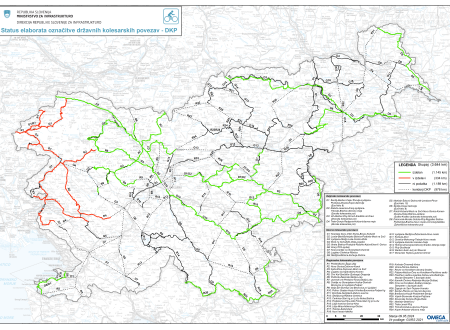 Zemljevid statusa elaborata označitve državnih kolesarskih povezav (DKP). Na zemljevidu je prikazano kje je izdelan elaborat označitve,  kje ni podatka in kje potekajo koridorji DKP.