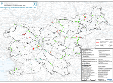 Zemljevid statusa gradenj državnih kolesarskih povezav (DKP). Na zemljevidu so označene povezave, kjer je javno naročilo za gradnjo v izvajanju, kje je izvedeno, kje se gradnja izvaja, kje je končana, kjer ni podatka in kje potekajo koridorji DKP.