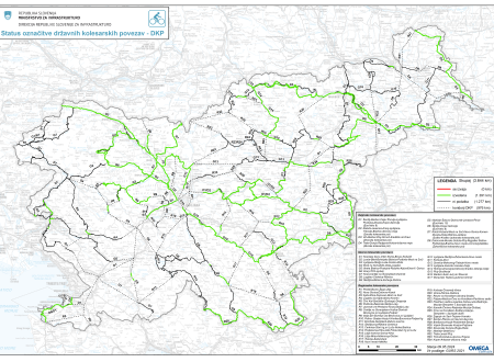 Zemljevid statusa označitve državnih kolesarskih povezav (DKP). Na zemljevidu je prikazano, kje se izvaja označitev, kje je izvedena, kjer ni podatka in kjer so koridorji DKP.