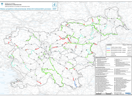 Zemljevid statusa projektne dokumentacije državnih kolesarskih povezav (DKP). Na zemljevidu je označeno, kje je projektna naloga izdelana, kje je projektna dokumenatcija v pripravi, kje je v izdelav in kje je izdelana ter kje ni podatka in kje potekajo ko