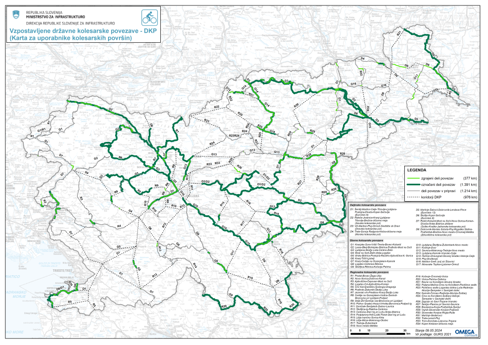 Zemljevid na katerem so označene vzpostavljene kolesarske povezave