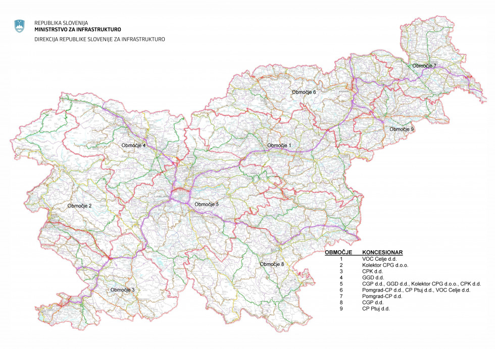 Zemljevid z označenimi koncesijskimi območji glavnih in regionalnih cest in koncesionarji