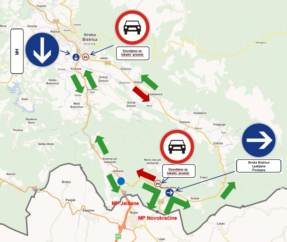 Zemljevid s prikazom vodenja prometa na MP Jelšane in MP Novokračine