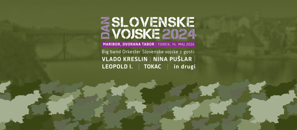 Grafična podoba za dogodek v zeleni barvi s stiliziranimi obrisi Slovenije in naštetimi udeleženci