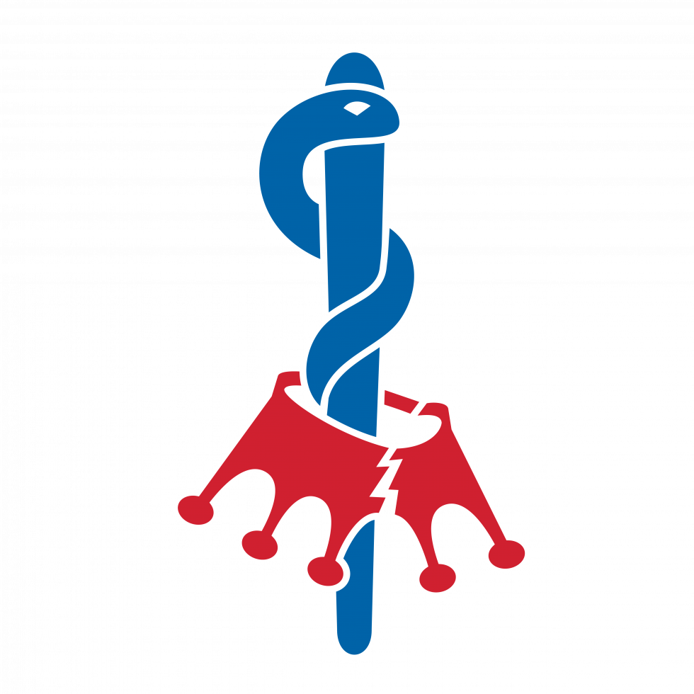 Su un campo bianco, il bastone di Asclepio blu (che consiste in un serpente attorcigliato intorno a una verga, simbolo dei lavoratori nel settore sanitario) si alza da una corona rossa rovesciata e spezzata.
