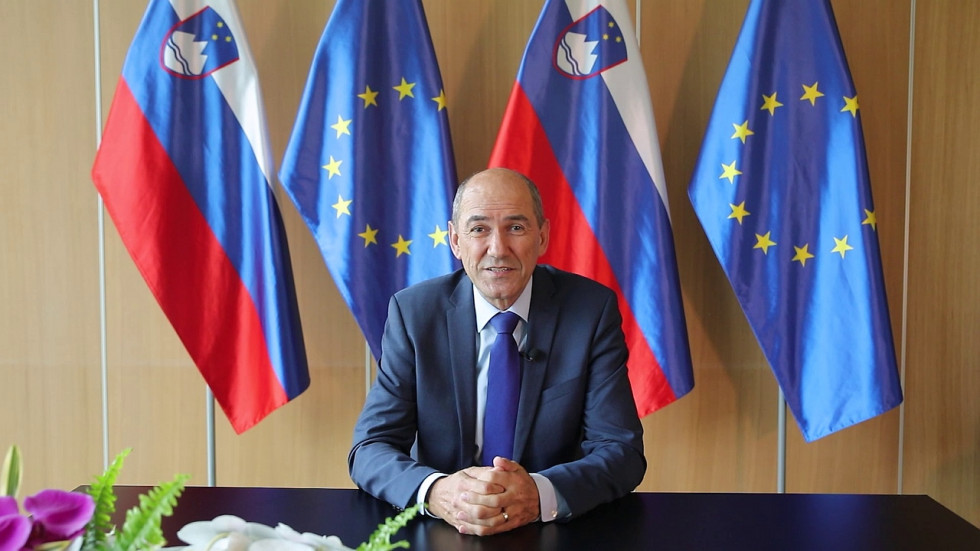 Still of Prime Minister Janez Janša in video address.