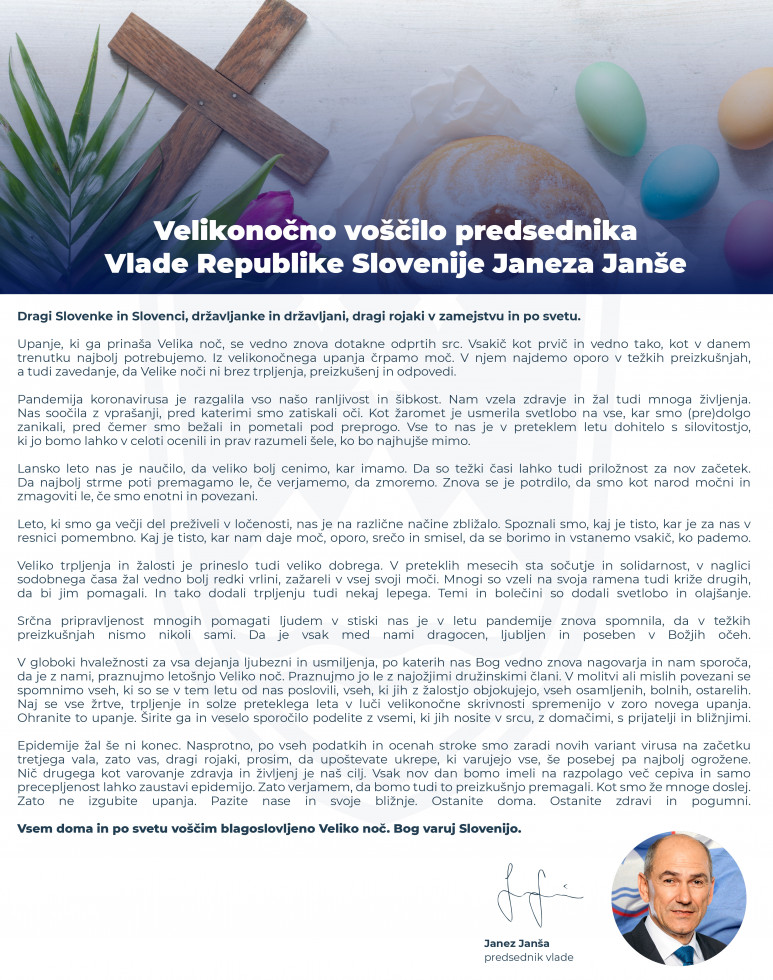 Easter message by the Prime Minister of the Republic of Slovenia Janez Janša in the Slovenian language.