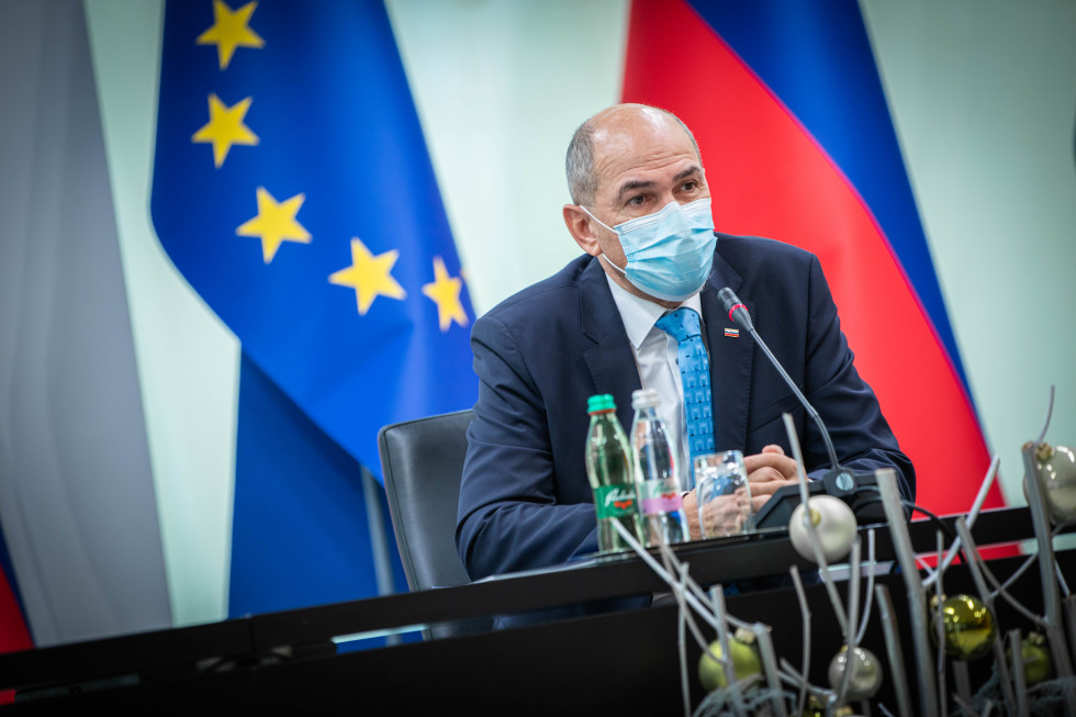 PM Janez Janša with Deputy Prime Ministers Zdravko Počivalšek and Matej Tonin at a a press conference on the Government’s measures and plans to contain the epidemic COVID-19.