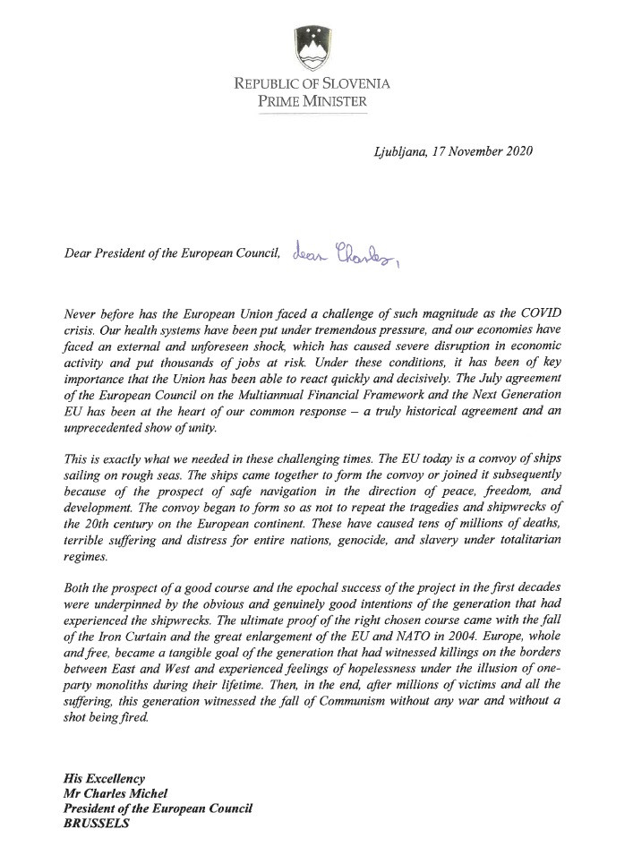 Pismo predsednika vlade Janeza Janše voditeljem in voditeljicam Evropske unije.