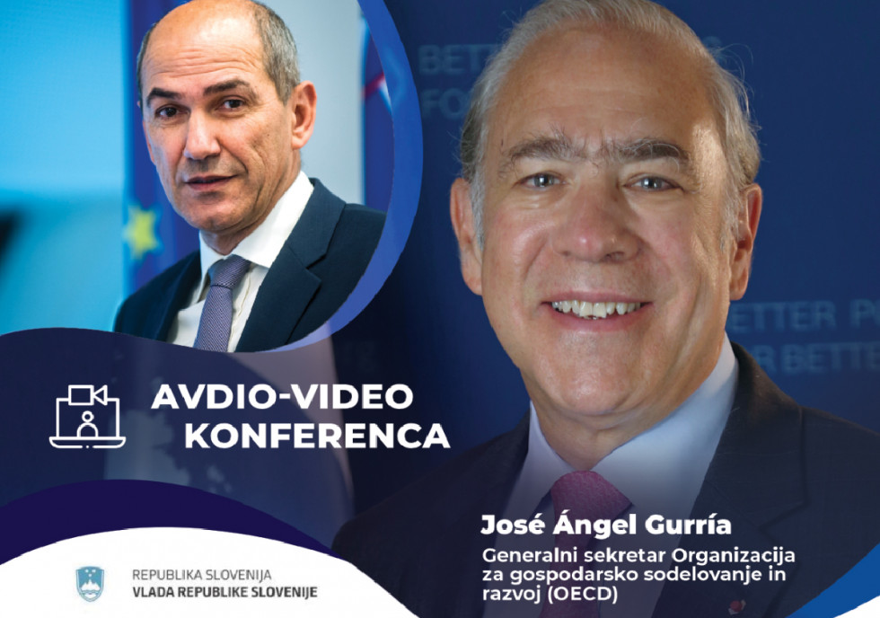 Videokonferenčni pogovor predsednika vlade Janeza Janše z generalnim sekretarjem OECD Angelom Gurrio.