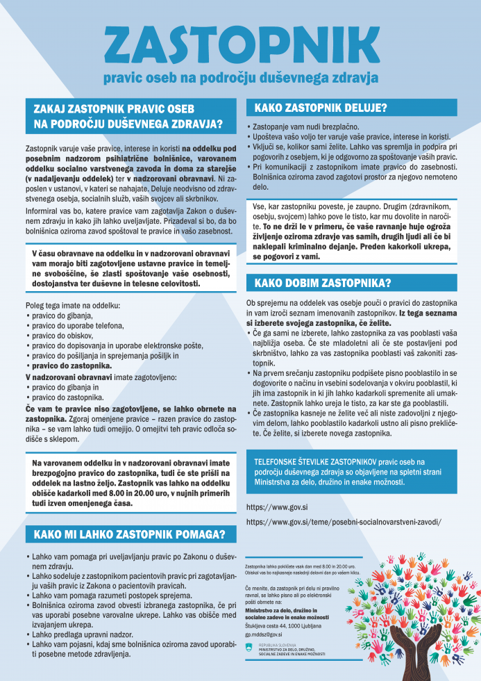 Plakat predstavlja vlogo zastopnika pravic oseb na področju duševnega zdravja, kako deluje, kako ga upravičenec dobi in kontaktne podatke