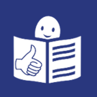 logotip lahko branje prikazuje osebo z odprto knjigo, na eni strani dlan z dvignjenim palcem, na drugi strani besedilo. Ilustracija osebe in knjige je bela na temno modri podlagi.
