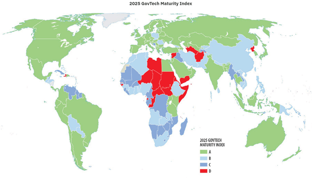 Zemljevid sveta. Države so pobarvane z zeleno, svetlo modro, temno modro in rdečo barvo.