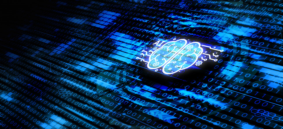 Simbolična fotografija možganov in binarnega računskega sistema na modri podlagi.