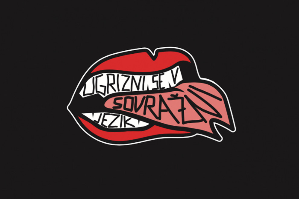 Logotip kampanje - ilustracija ust, ki se ugriznejo v jezik, medtem ko na zobeh in jeziku piše "Ugrizni se v sovražni jezik!"