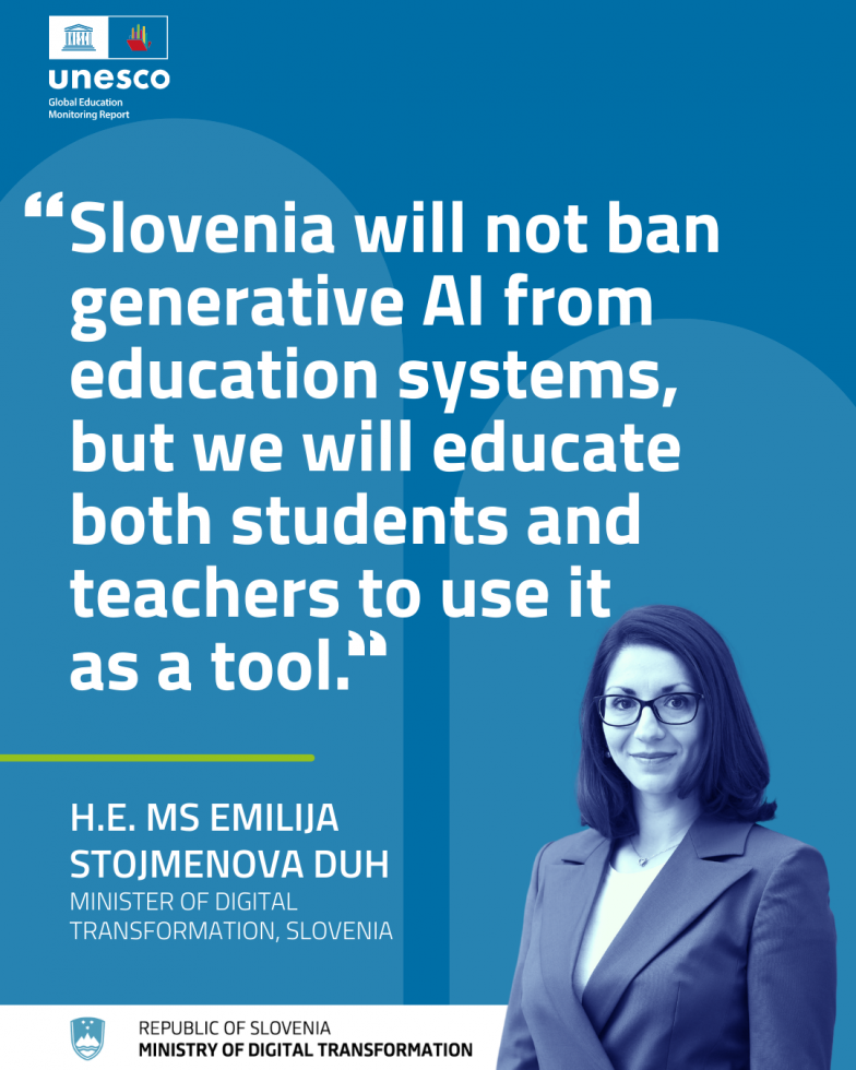 Izjava ministice dr. Stojmenove Duh v angleščini. Prevedeno: Slovenija ne bo prepovedala generativne umetne inteligence v izobraževalnih sistemih, ampak bomo učence in učitelje izobraževali, da jo bodo uporabljali kot orodje.