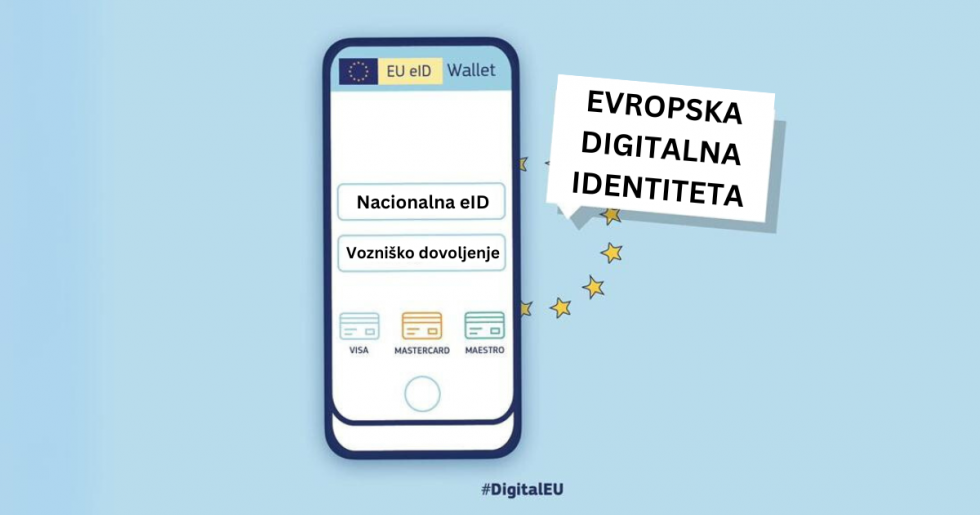 Ilustracija mobilnega telefona, na katerem je naložena bodoča evropska digitalna denarnica.