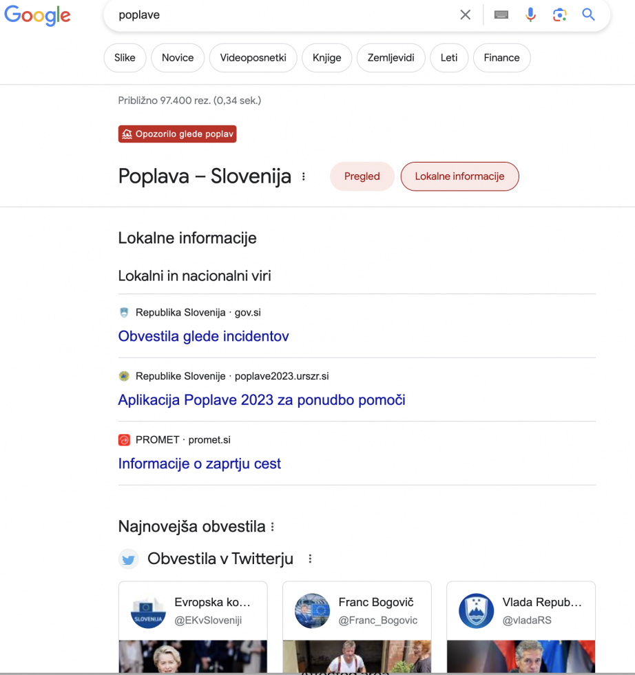 Zajem zaslona spletnega brskalnika Google, kjer je aktiviran sistem za opozarjanje in informiranje ljudi o posledicah poplav v Sloveniji. Prikazane povezave do skupne vladne spletne strani, aplikacije Poplave2023 in spletne strani promet.