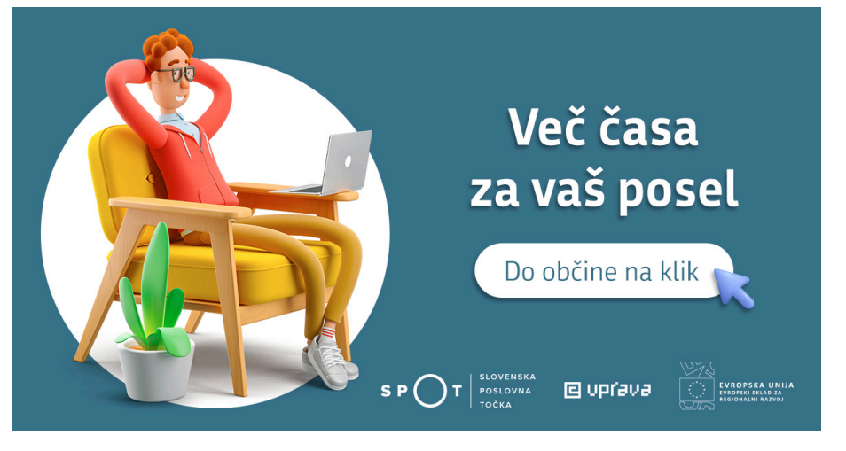 Karikature človeka, ki se smeji z računalnikom na naslonjalu. Zraven njega pa je napis "Več časa za vaš posel". 