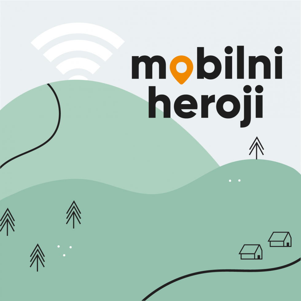 Na grafiki so prikazani hribi in v desnem kotu napis Mobilni heroji. Grafika ponazarja vključevanje ljudi iz ruralnih območij v projekt.
