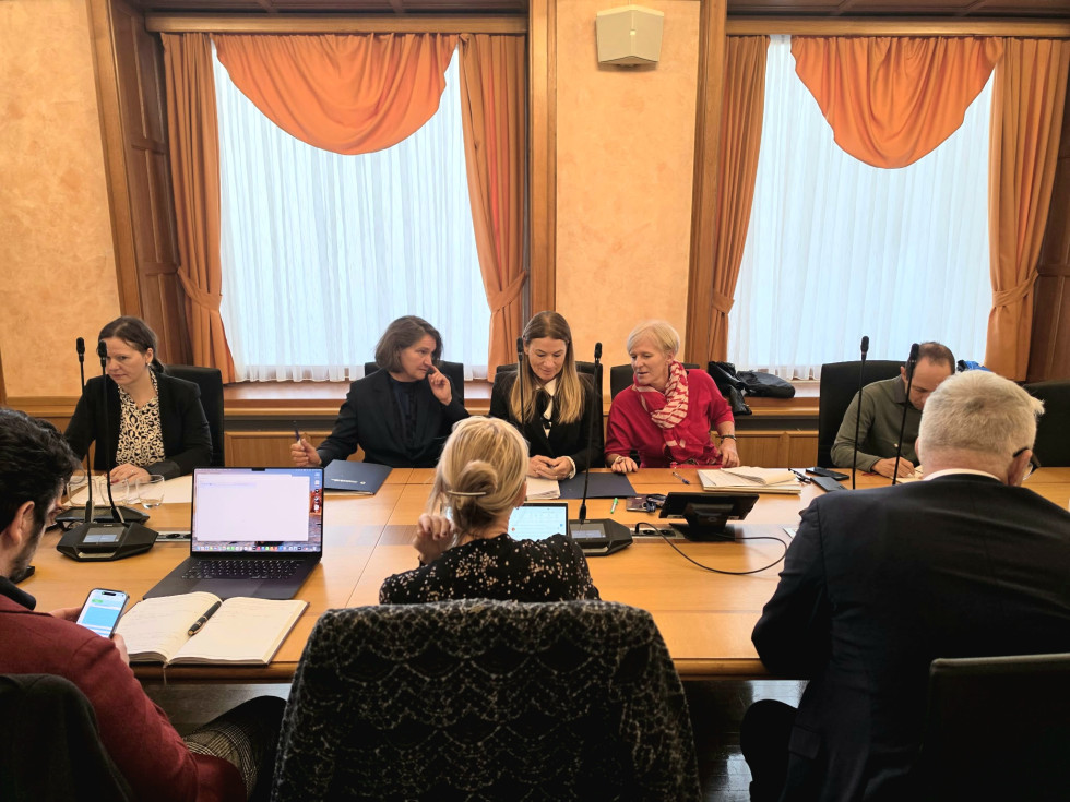 Predstavniki ministrstva in Ekonomsko-socialnega sveta sedijo za omizjem in se pogovarjajo 