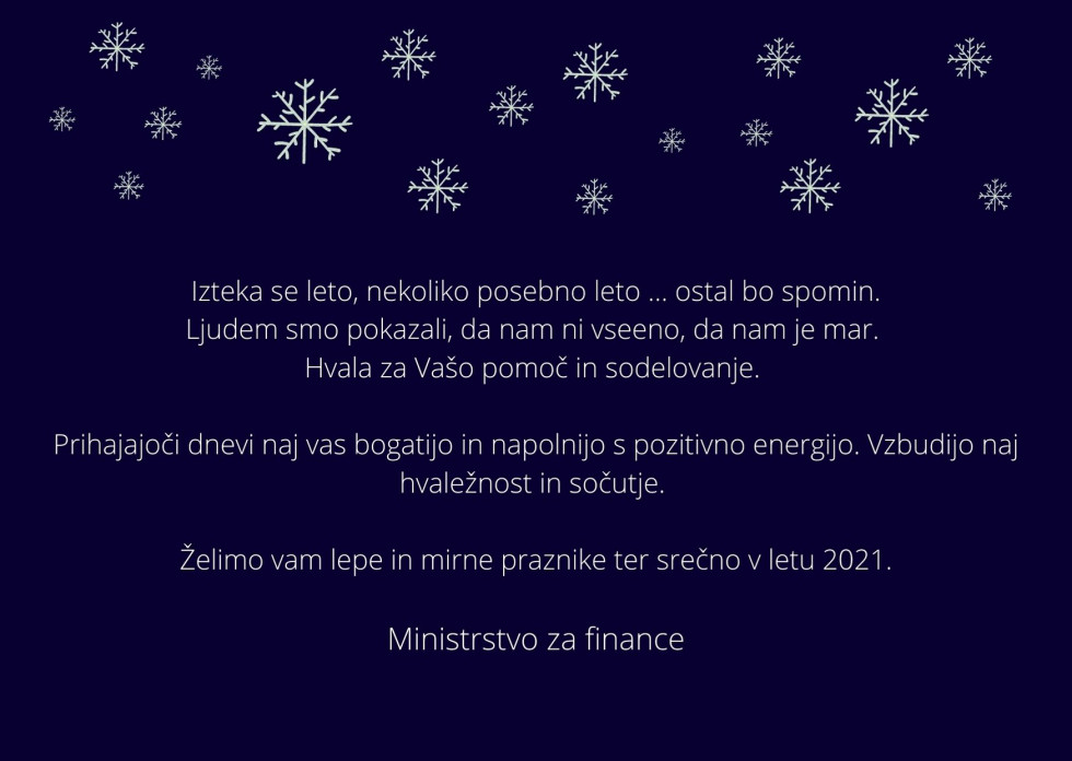 Bel tekst na temno modri podlagi. Nad tekstom bele snežinke. Vsebina voščila je izpisana tudi v nadaljevanju. 