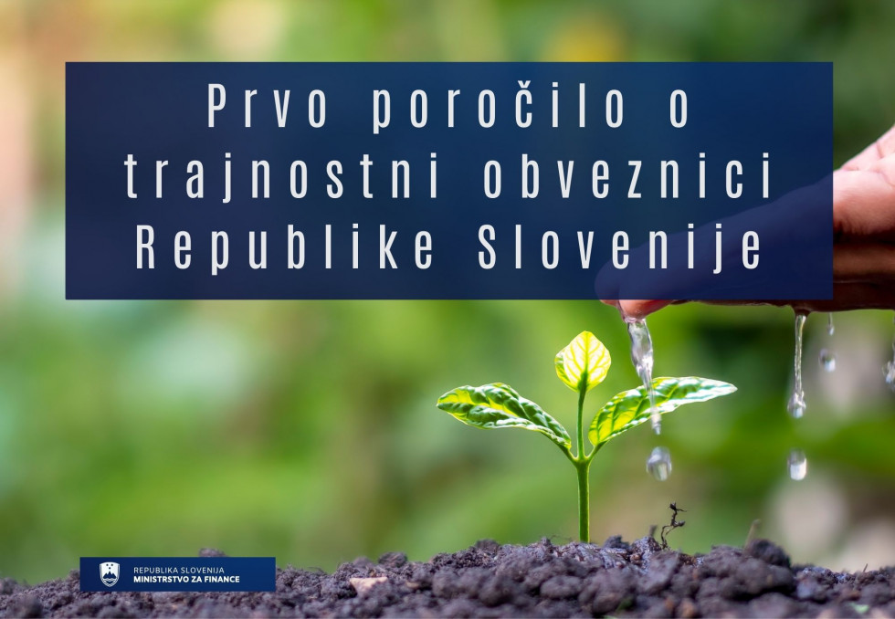 Small plant in the ground. On the photo there is a sign First report on Slovenian Sovereign Sustainability Bond.