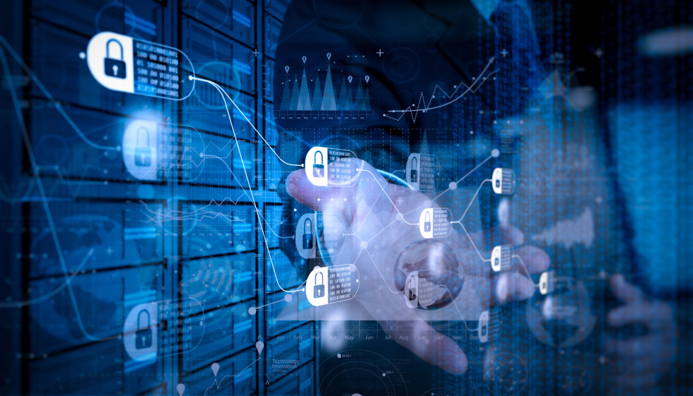 Blockchain technology concept with diagram of chain and encrypted blocks.