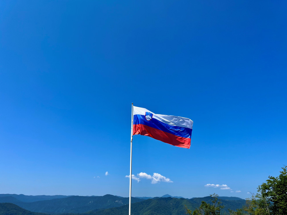 Slovenska zastava na drogu, v ozadju modro nebo. 