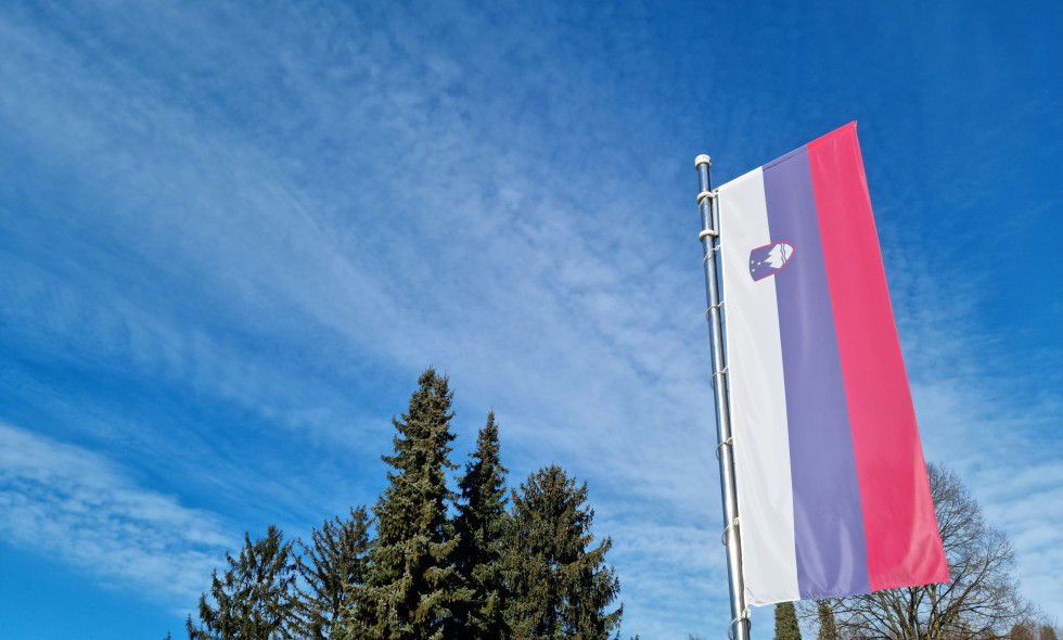 Slovenska zastava visi pokončno na drogu. V ozadju modro nebo, levo od zastave krošnje dreves. 
