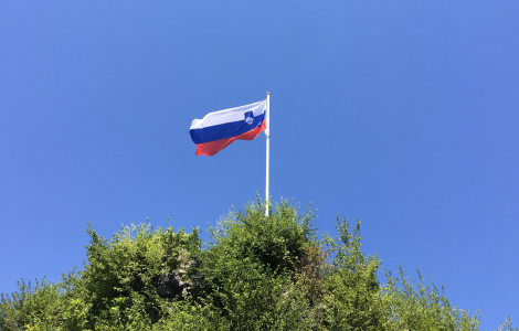 Slovenska zastava nad gradom Kostel (The Slovenian flag on a pole on a hill, fluttering in the wind, with green trees under the flagpole)