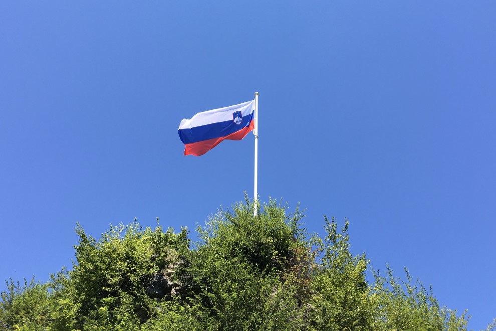 Slovenian flag on a pole. Green below, blue sky behind.