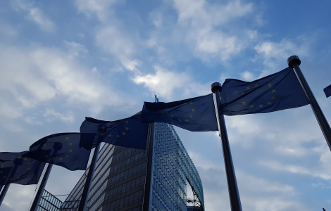 Zastave EU  (Flags of the European Union fly on poles, fluttering in the wind, with one of the European Institutions' buildings in the background)