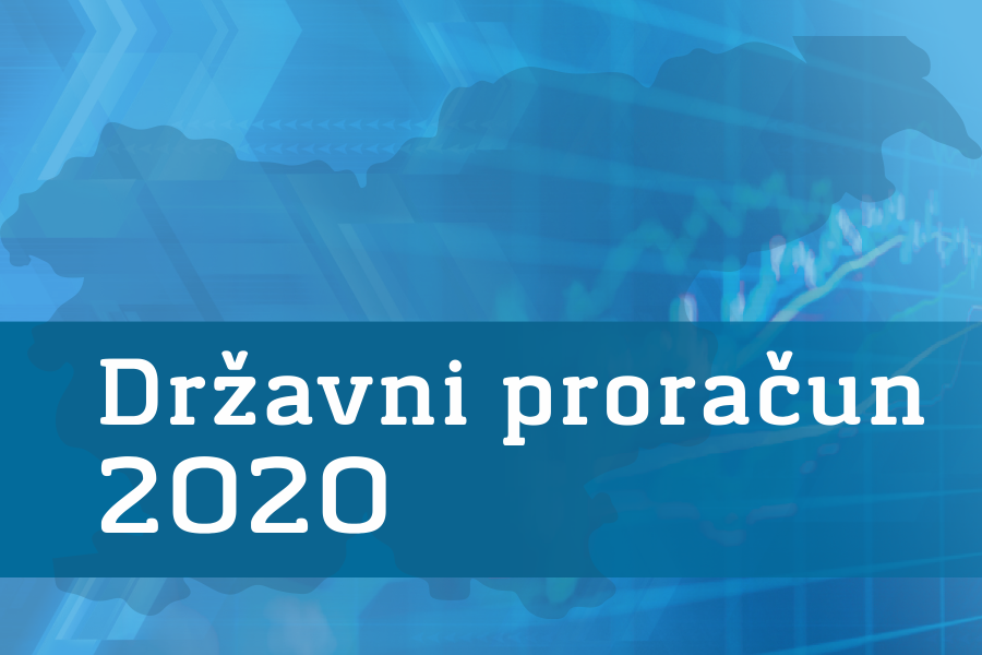 Logotip z modro podlago, bel napis Državni proračun 2020, v ozadju obris Slovenije in nekaj grafov.