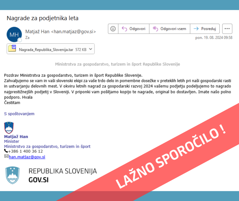 Lažno sporočilo prečrtano z rdečim trakom in opozorilom