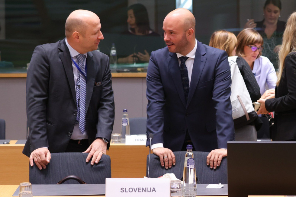 Deputy Permanent Representative of the Republic of Slovenia to the EU David Brozina and State Secretary Matevž Frangež at the EU Council meeting