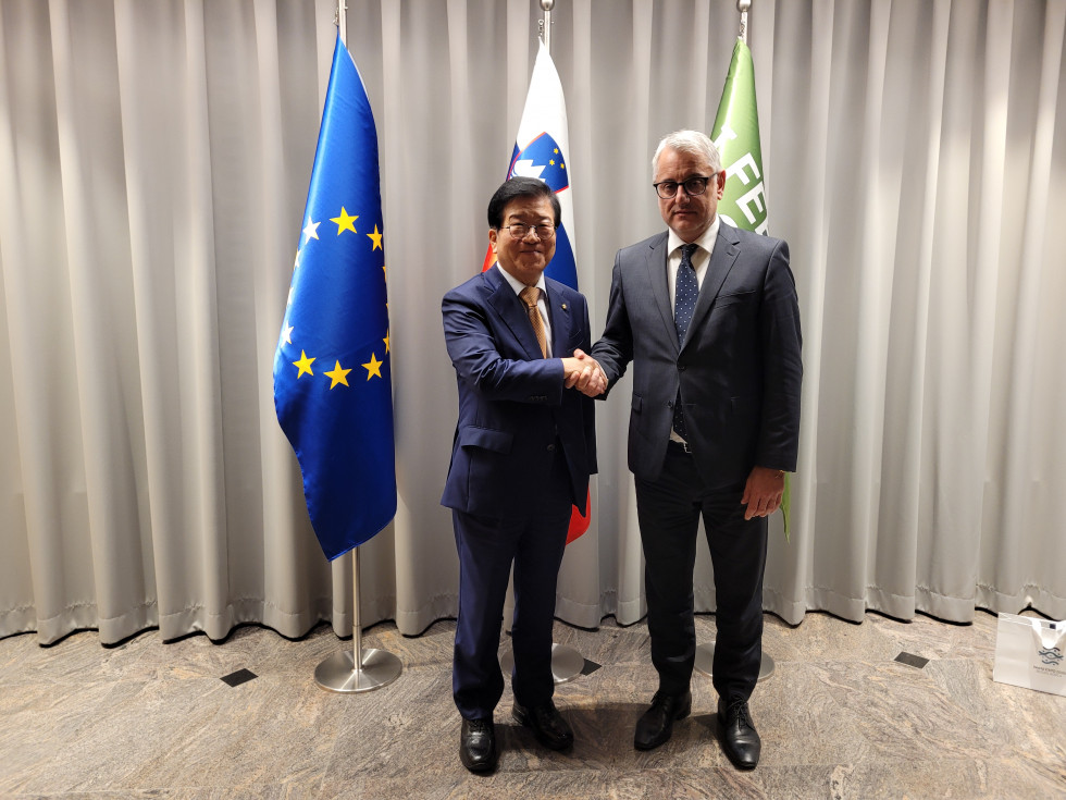 Special Envoy Park and Minister Han shake hands, flags behind