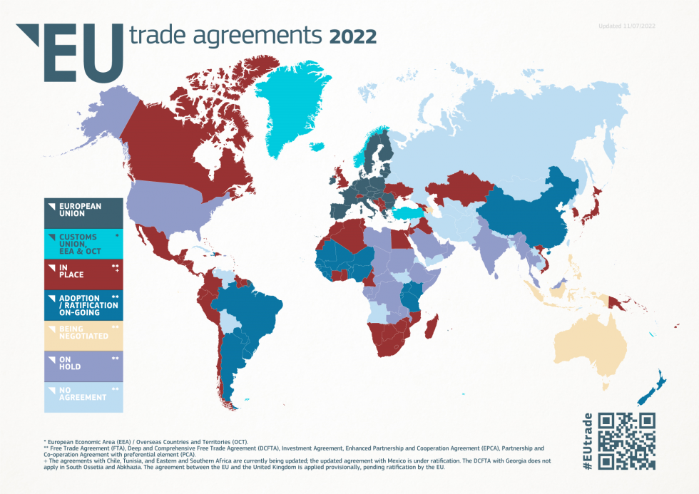 Svetovni zemljevid o trgovinskih sporazumih Evropske unije (2022) (besedilo je v angleškem jeziku)