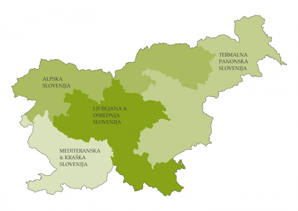 Zemljevid Slovenije razdeljen na štiri dele: Alpska Slovenija, Mediteranska in Kraška Slovenija, Ljubljana in Osrednja Slovenija, Termalna Panonska Slovenija