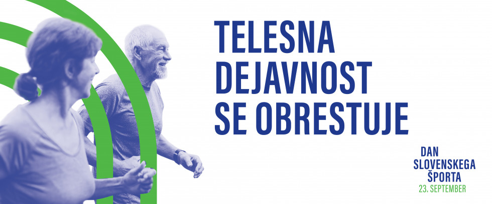 Slika moškega in ženske v letih pri teku ter napis Telesna dejavnost se obrestuje