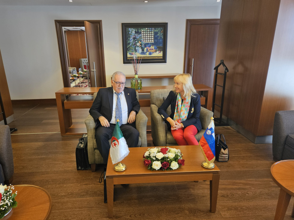 generalni direktor Oussedik in vodja Slovenske vesoljske pisarne Permozer v naslanjačih v pogovoru