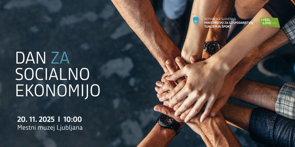 Grafika, ki prikazuje sklenjene roke in napis Dan za socialno ekonomijo, 20. 11. ob 10.00, Mestni muzej Ljubljana