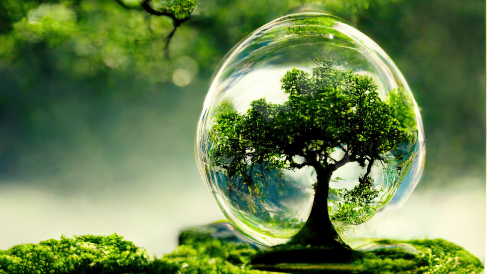 A tree in a bubble and in a forest.