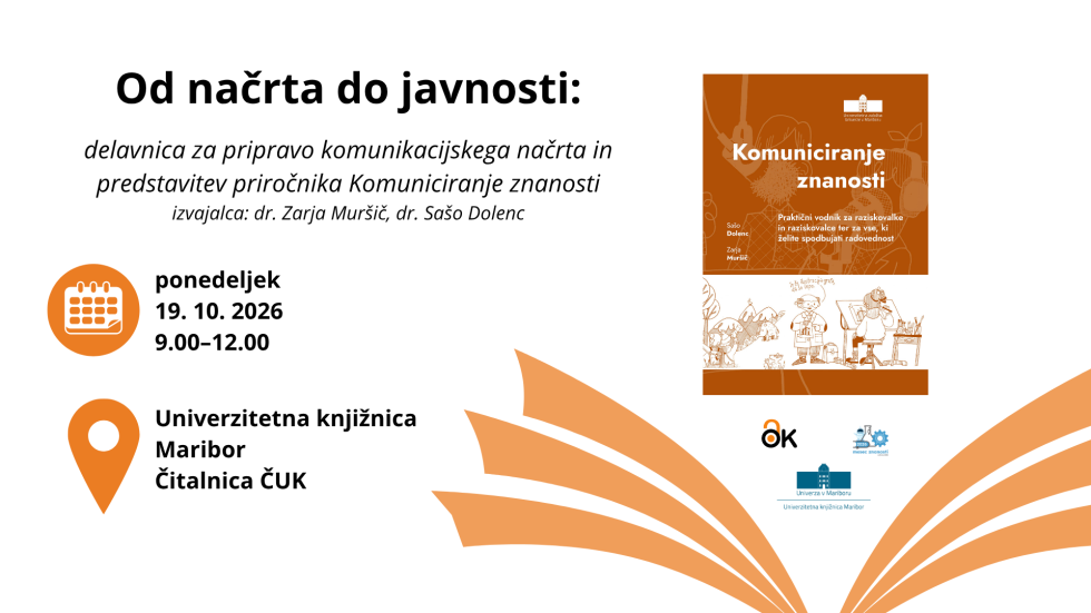 Plakat za dogodek Od načrta do javnosti: delavnica za pripravo komunikacijskega načrta in predstavitev priročnika Komuniciranje znanosti