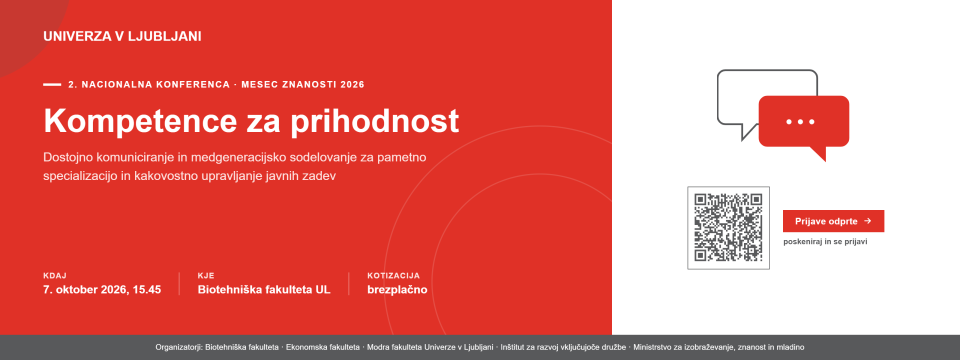 Plakat za dogodek Druga nacionalna konferenca o kompetencah za prihodnost: dostojno komuniciranje in medgeneracijsko sodelovanje za pametno specializacijo in kakovostno upravljanje javnih zadev