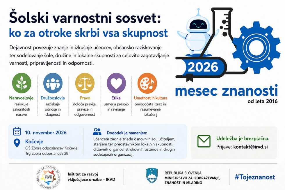Grafika za dogodek Šolski varnostni sosvet, na kateri so naštete teme dogodka ter organizator in podpornik dogodka