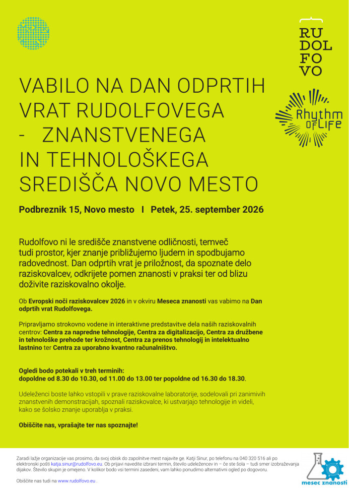Plakat za dan odprtih vrat Rudolfovega – Znanstveno in tehnološko središče Novo mesto